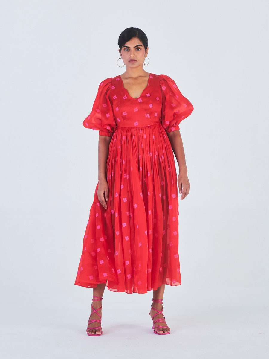 Releve Fashion Little Things Studio Chui Mui Silk Organza Dress Red Floral Print Sustainable Luxury Fashion Conscious Clothing Ethical Designer Brand Artisanal Handcrafted Purchase with Purpose Shop for Good