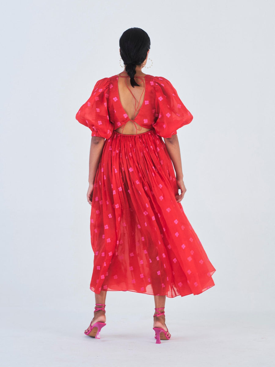 Releve Fashion Little Things Studio Chui Mui Silk Organza Dress Red Floral Print Sustainable Luxury Fashion Conscious Clothing Ethical Designer Brand Artisanal Handcrafted Purchase with Purpose Shop for Good