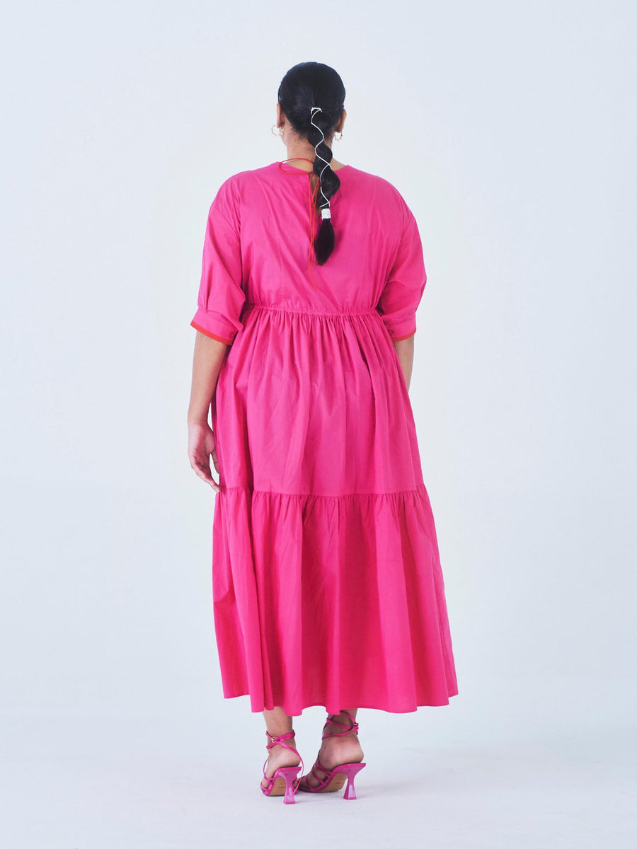 Releve Fashion Little Things Studio Dahlia Tiered Collared Dress in Hot Pink Ethical Luxury Brand Sustainable Jewelry Conscious Fashion Purchase with Purpose Shop for Good
