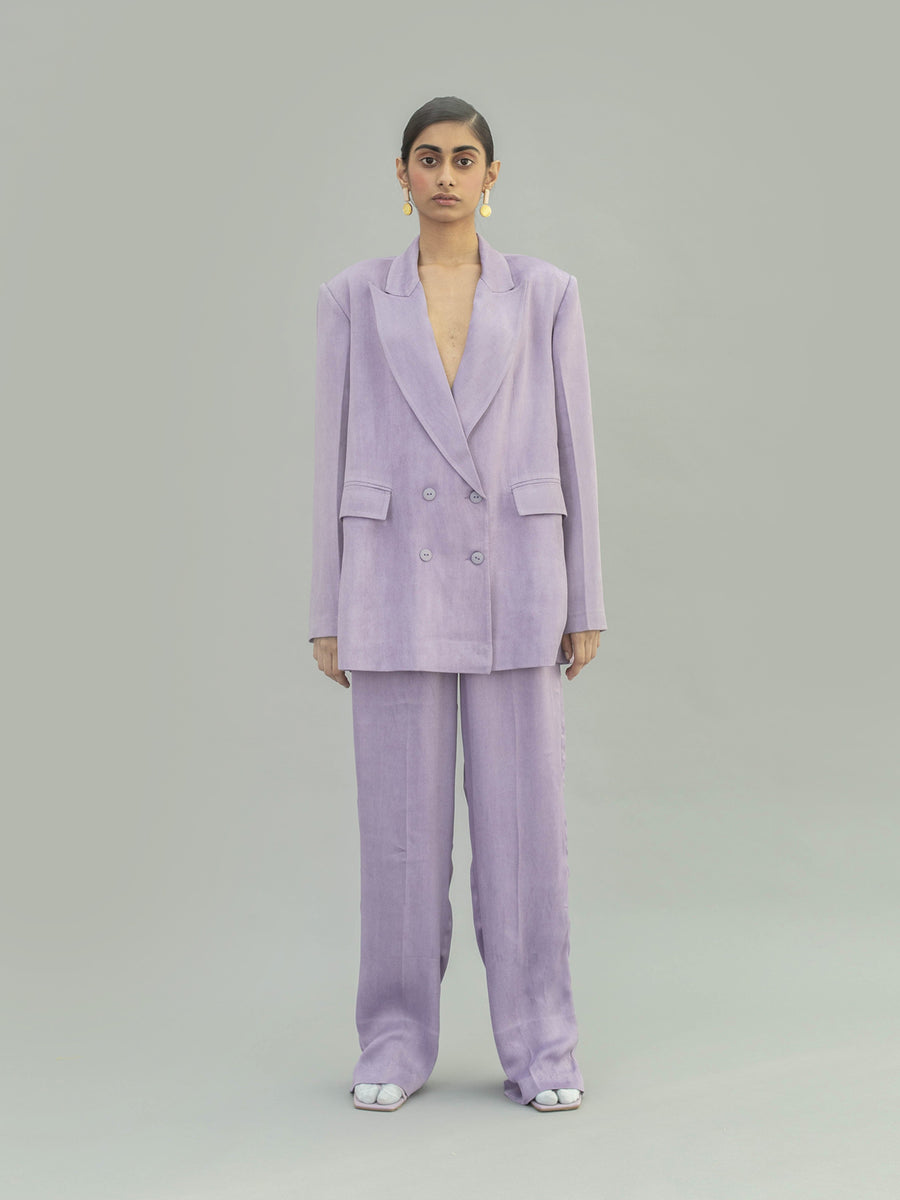 Releve Fashion Narwhal Orange Fibre Fabric Double Breasted Suit Jacket in Lilac Sustainable Luxury Fashion Conscious Clothing Ethical Designer Brand Artisanal Handcrafted Purchase with Purpose Shop for Good