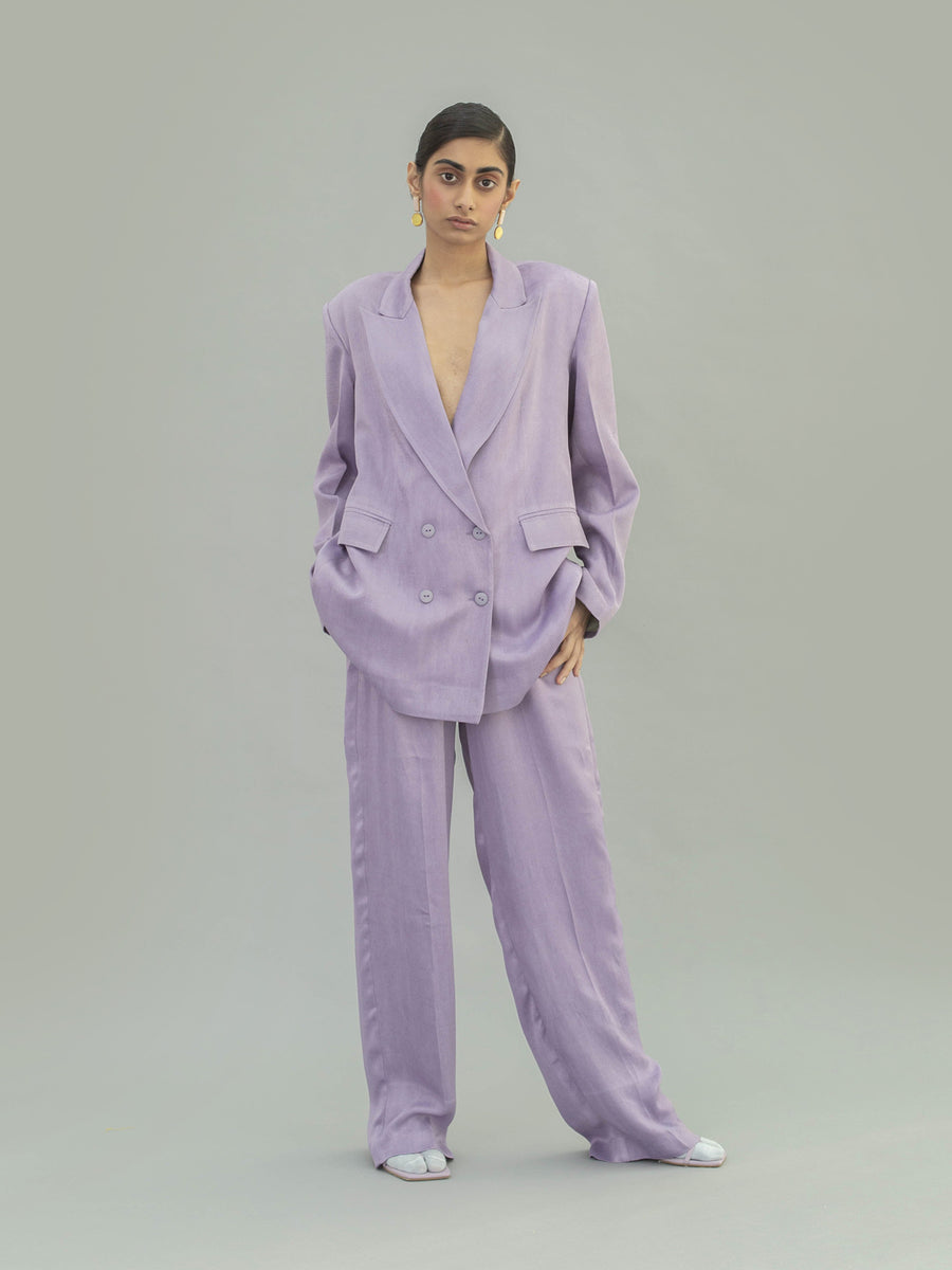 Releve Fashion Narwhal Orange Fibre Fabric Loose Fit Trousers in Lilac Sustainable Luxury Fashion Conscious Clothing Ethical Designer Brand Artisanal Handcrafted Purchase with Purpose Shop for Good