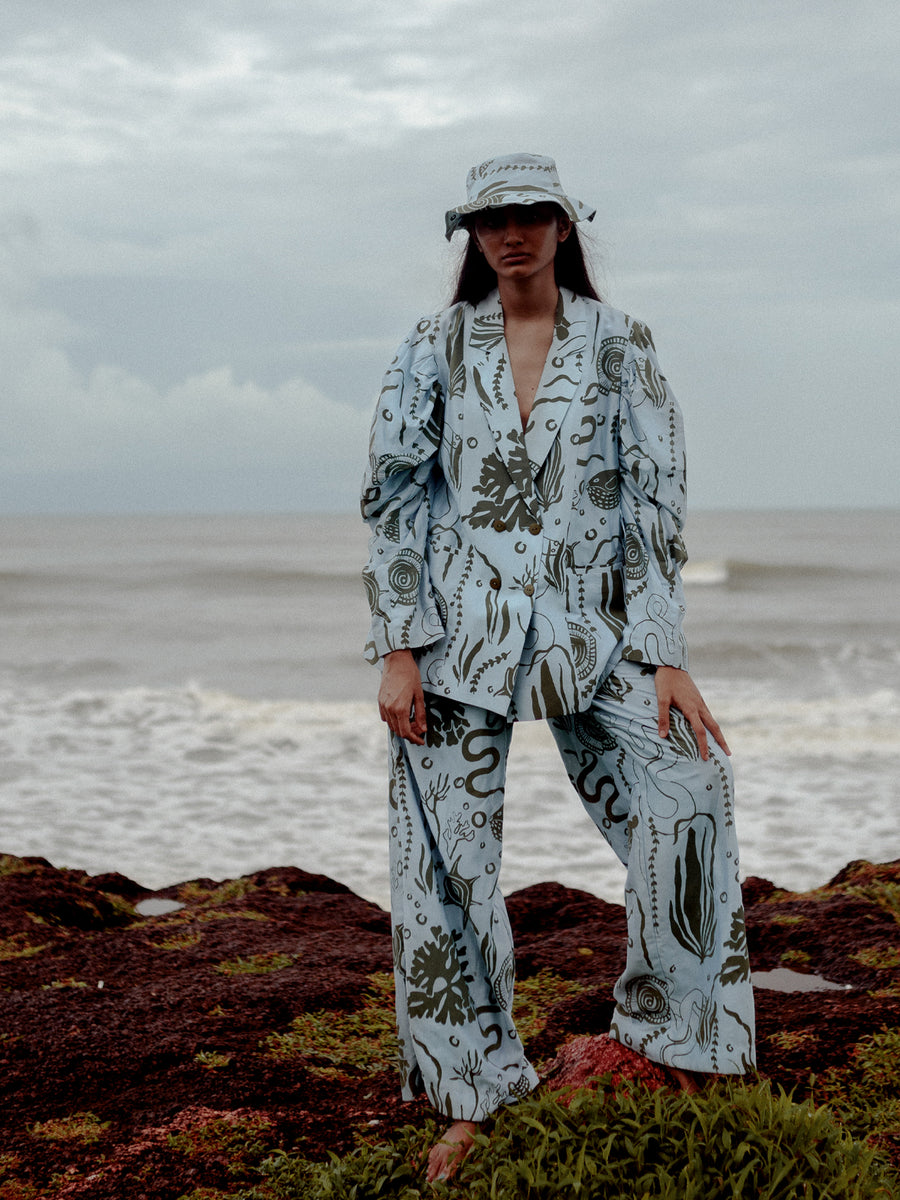 Releve Fashion Aden Double Wide Leg Trousers with Ocean Print Sustainable Luxury Fashion Conscious Clothing Ethical Designer Brand Artisanal Handcrafted Purchase with Purpose Shop for Good