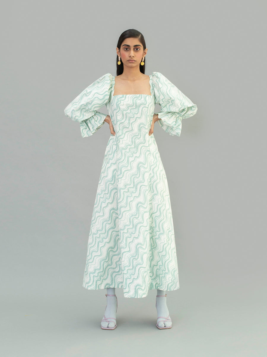 Releve Fashion Aqua Cotton Poplin Puff Sleeve Dress with Wave Print Sustainable Luxury Fashion Conscious Clothing Ethical Designer Brand Artisanal Handcrafted Purchase with Purpose Shop for Good