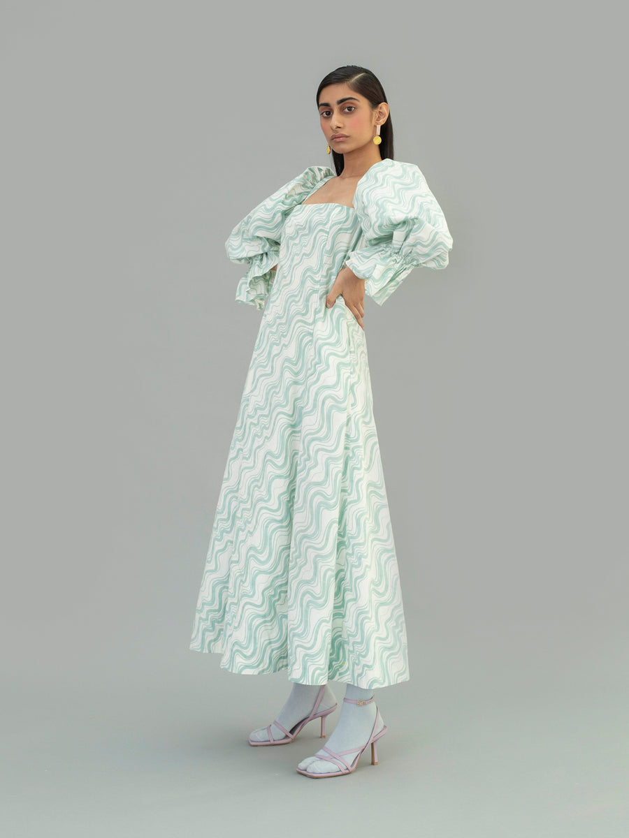 Releve Fashion Aqua Cotton Poplin Puff Sleeve Dress with Wave Print Sustainable Luxury Fashion Conscious Clothing Ethical Designer Brand Artisanal Handcrafted Purchase with Purpose Shop for Good