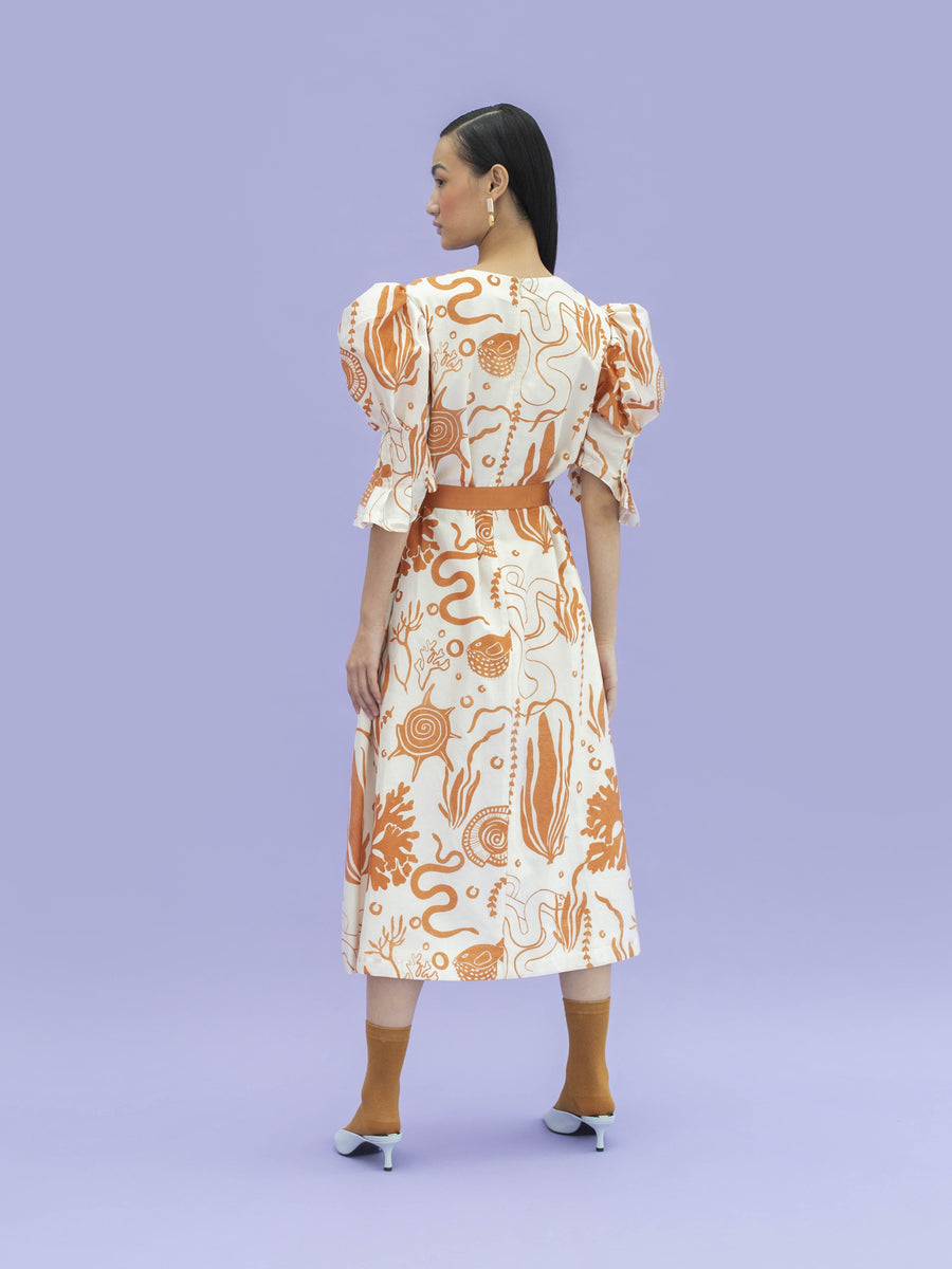 Releve Fashion Coral Midi Dress with Oyster Sleeves and Ocean Print Sustainable Luxury Fashion Conscious Clothing Ethical Designer Brand Artisanal Handcrafted Purchase with Purpose Shop for Good