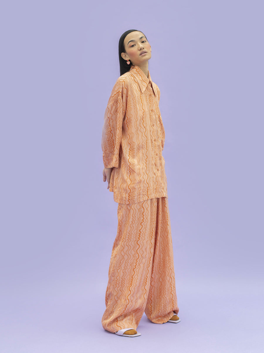 Releve Fashion Little Things Studio Nemo Orange Fibre Fabric Wide Leg Trousers Sustainable Luxury Fashion Conscious Clothing Ethical Designer Brand Artisanal Handcrafted Purchase with Purpose Shop for Good