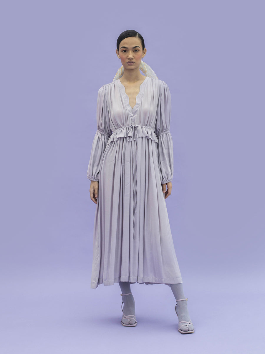 Releve Fashion Otter Orange Fibre Loose Fit Midi Dress in Lilac Sustainable Luxury Fashion Conscious Clothing Ethical Designer Brand Artisanal Handcrafted Purchase with Purpose Shop for Good