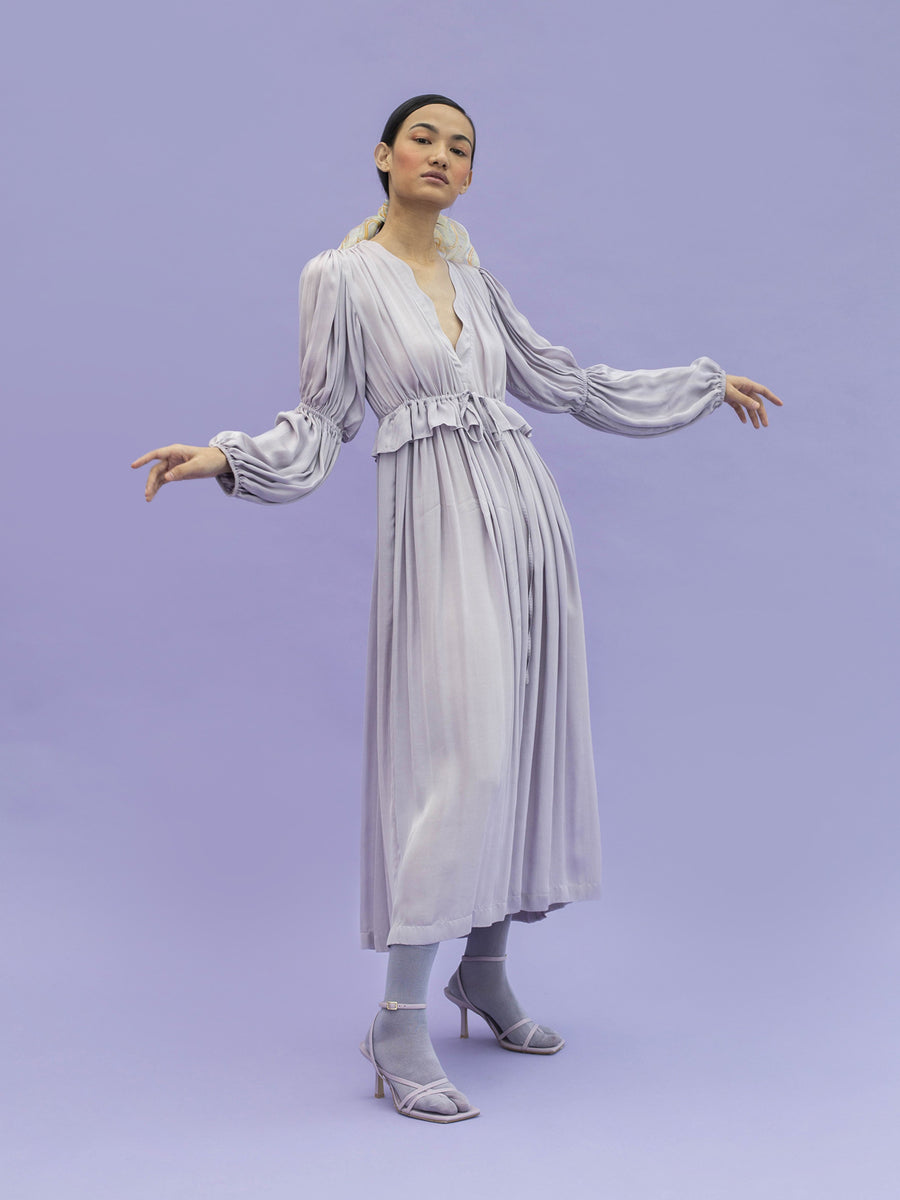 Releve Fashion Otter Orange Fibre Loose Fit Midi Dress in Lilac Sustainable Luxury Fashion Conscious Clothing Ethical Designer Brand Artisanal Handcrafted Purchase with Purpose Shop for Good