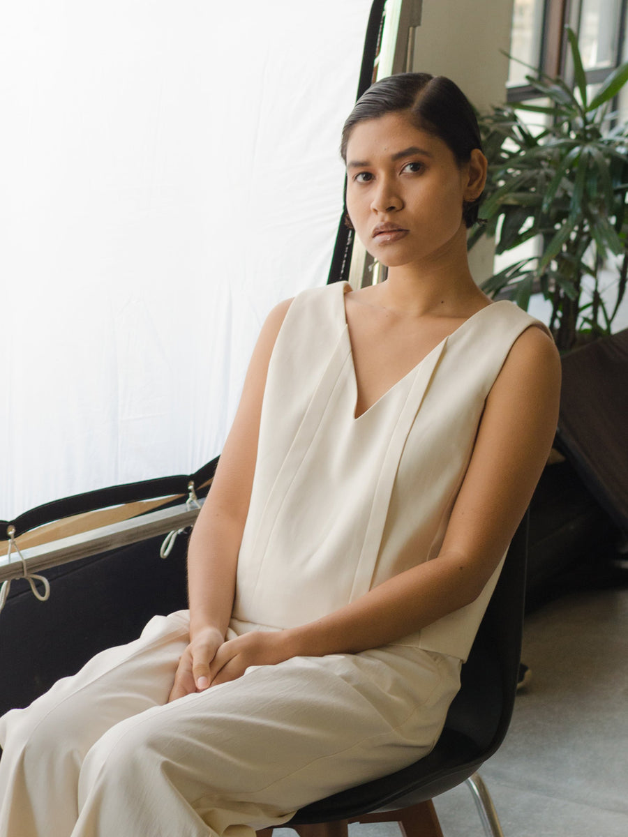 Releve Fashion Stella Sleeveless V-Neck Top in Beige Sustainable Luxury Fashion Conscious Clothing Ethical Designer Brand Artisanal Handcrafted Purchase with Purpose Shop for Good