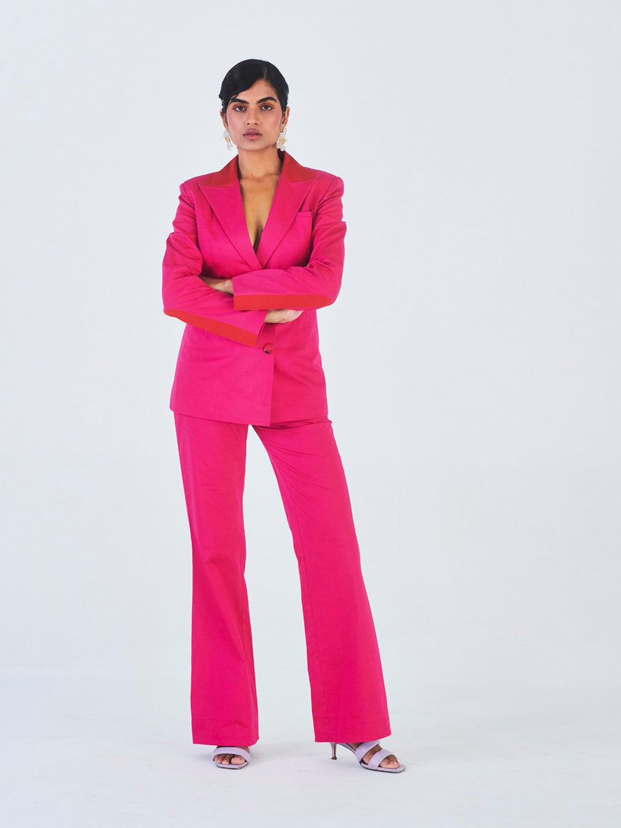 Releve Fashion Little Things Studio Gulbahar Cotton Satin Trouser Suit Set Hot Pink Sustainable Luxury Fashion Conscious Clothing Ethical Designer Brand Artisanal Handcrafted Purchase with Purpose Shop for Good