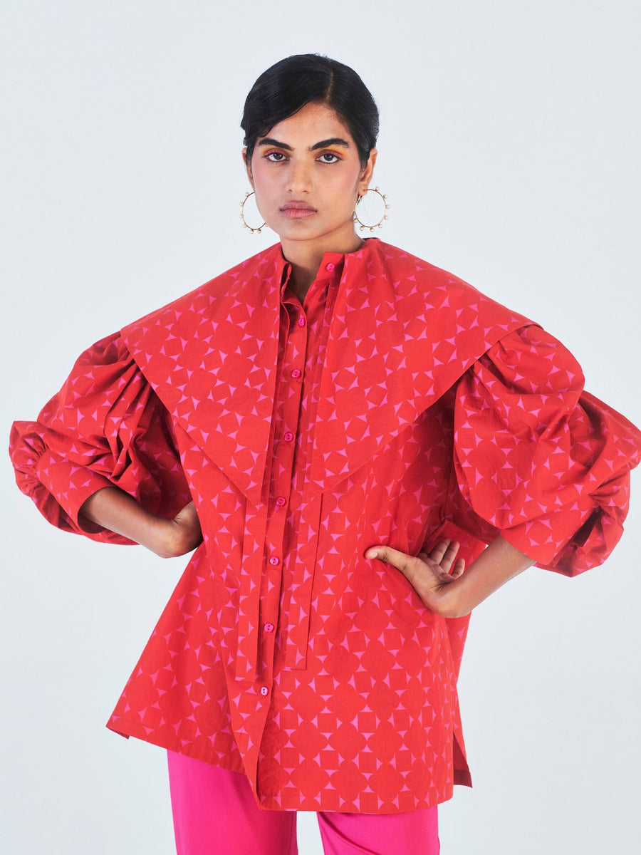 Releve Fashion Little Things Studio Gulmohar Oversized Collared Top in Red and Pink Geometric Print Ethical Luxury Brand Sustainable Clothing Conscious Fashion Purchase with Purpose Shop for Good