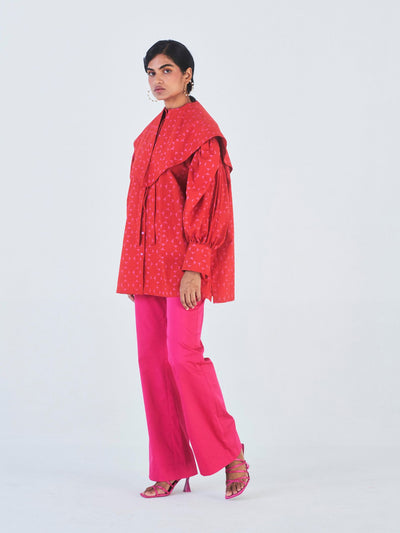 Releve Fashion Little Things Studio Gulmohar Oversized Collared Top in Red and Pink Geometric Print Ethical Luxury Brand Sustainable Clothing Conscious Fashion Purchase with Purpose Shop for Good