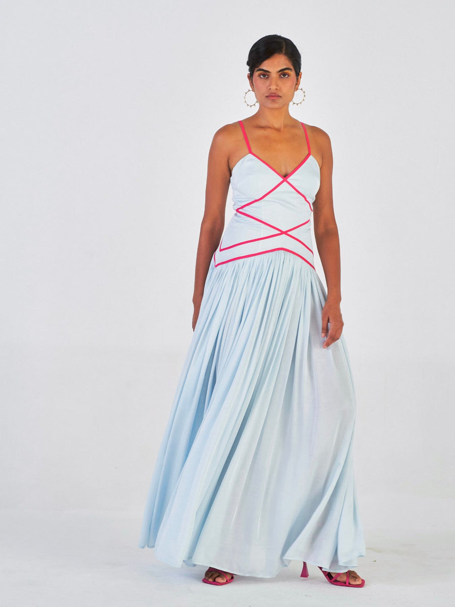 Releve Fashion Little Things Studio Jheel Rose Fibre Fabric Dress in Powder Blue and Hot Pink Sustainable Luxury Fashion Conscious Clothing Ethical Designer Brand Artisanal Handcrafted Purchase with Purpose Shop for Good