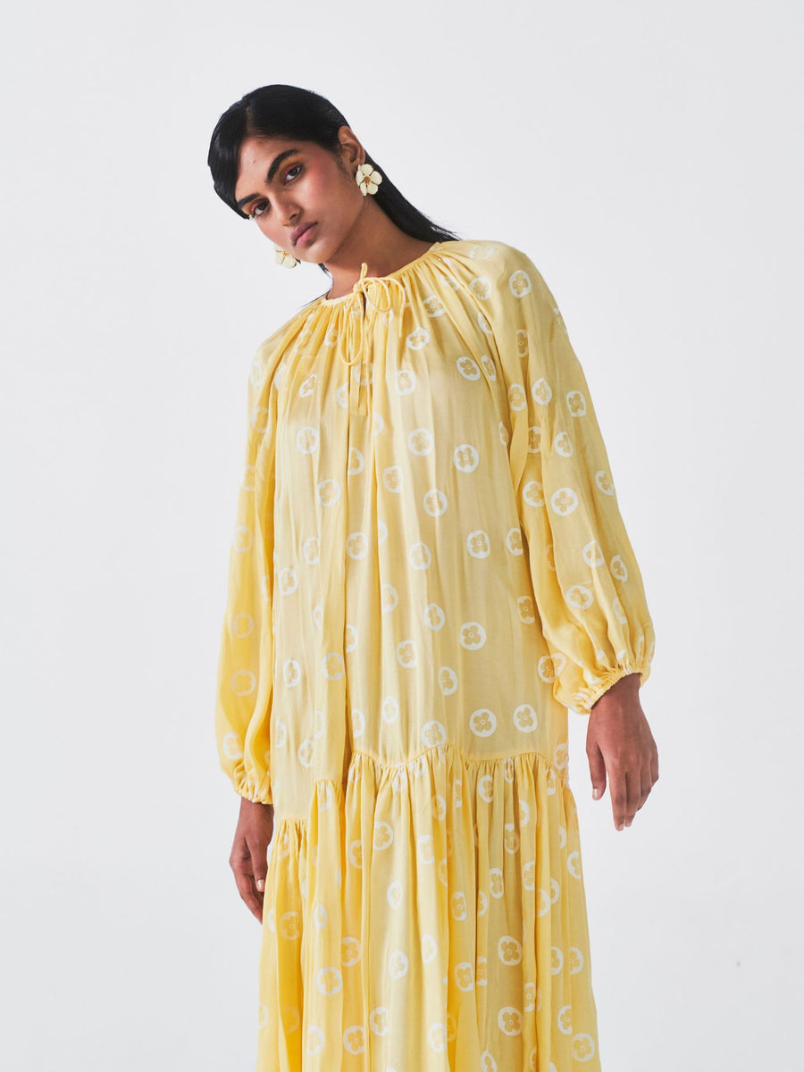 Releve Fashion Little Things Studio Juhi Rose Fibre Fabric Midi Dress in Yellow Polka Dot and Floral Print Ethical Luxury Brand Sustainable Clothing Conscious Fashion Purchase with Purpose Shop for Good