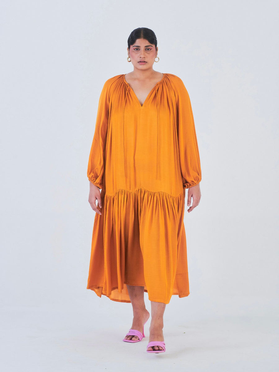 Releve Fashion Little Things Studio Juhi Rose Fibre Fabric Midi Dress in Orange Ethical Luxury Brand Sustainable Clothing Conscious Fashion Purchase with Purpose Shop for Good