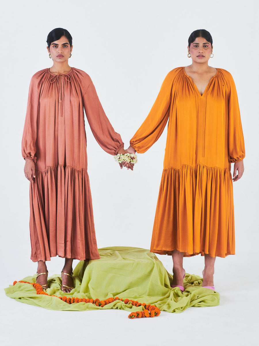 Releve Fashion Little Things Studio Juhi Rose Fibre Fabric Midi Dress in Brown Ethical Luxury Brand Sustainable Clothing Conscious Fashion Purchase with Purpose Shop for Good