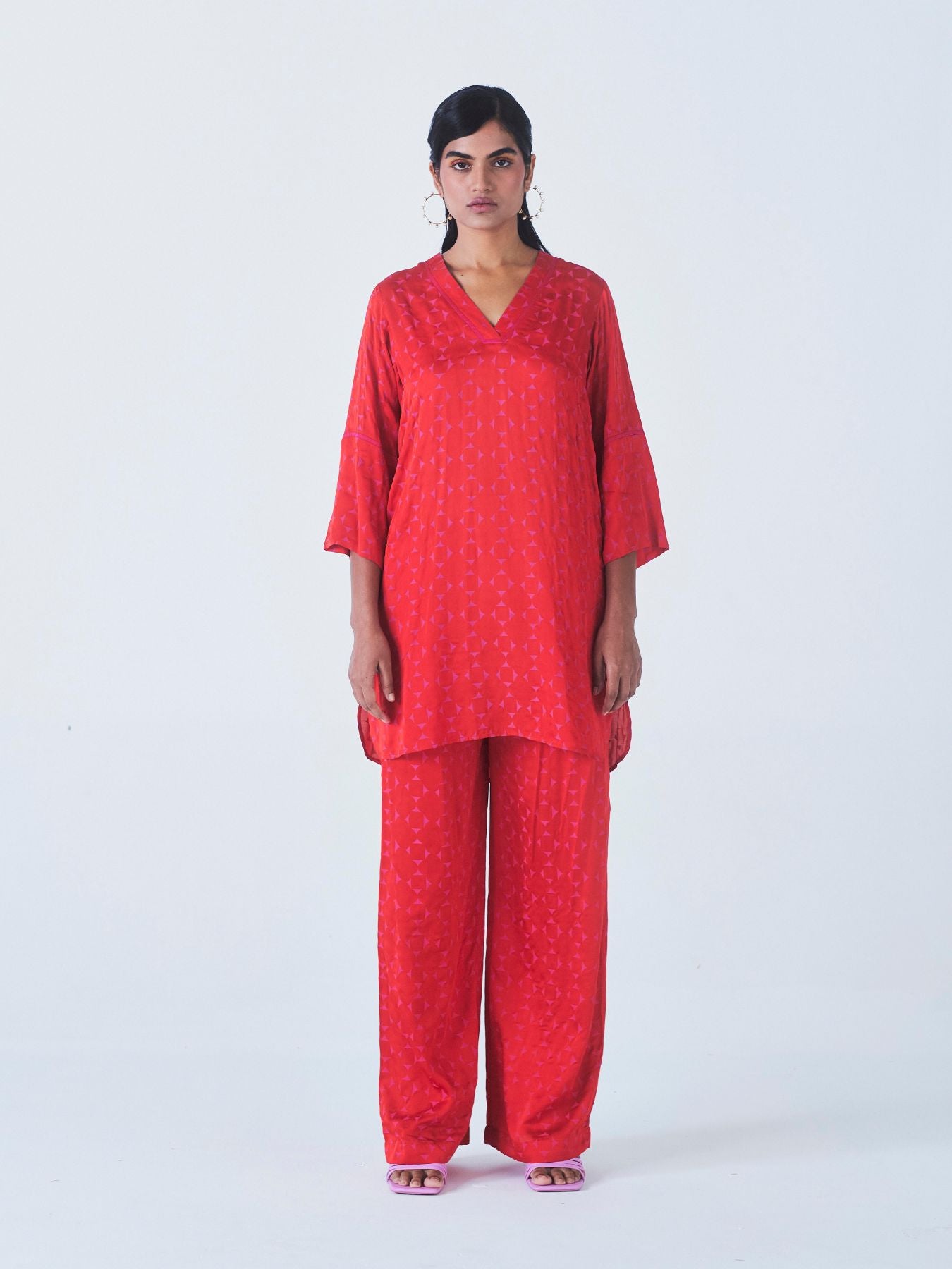 Kaner Kurta Rose Fibre Fabric Set, Red Geometric Print