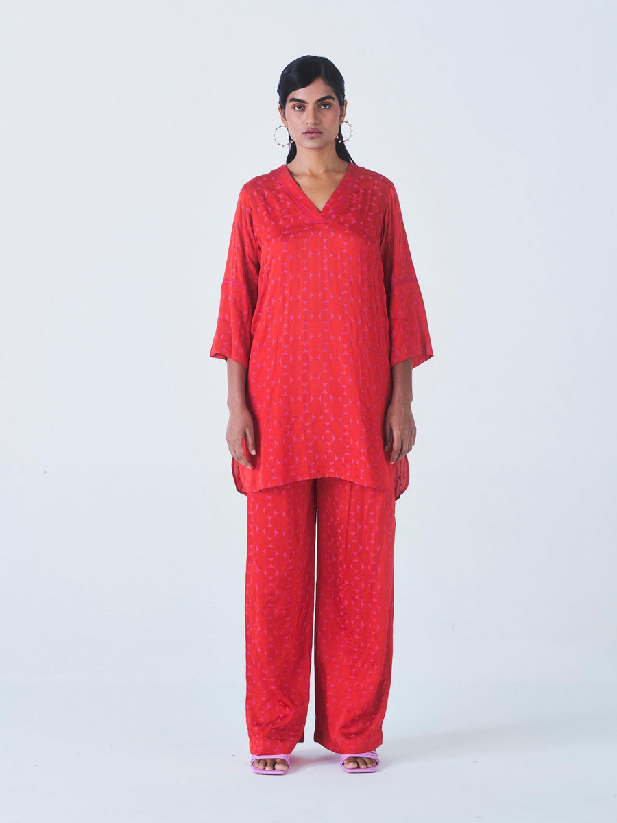 Releve Fashion Little Things Studio Kaner Kurta Top and Trouser Set in Red Geometric Print Ethical Luxury Brand Sustainable Clothing Conscious Fashion Purchase with Purpose Shop for Good