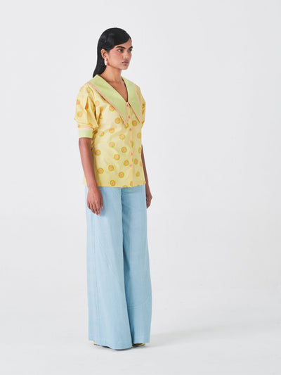 Releve Fashion Little Things Studio Khaskhas Denim Trousers in Sky Blue Sustainable Luxury Fashion Conscious Clothing Ethical Designer Brand Artisanal Handcrafted Purchase with Purpose Shop for Good
