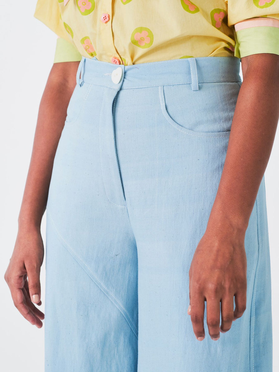 Releve Fashion Little Things Studio Khaskhas Denim Trousers in Sky Blue Sustainable Luxury Fashion Conscious Clothing Ethical Designer Brand Artisanal Handcrafted Purchase with Purpose Shop for Good