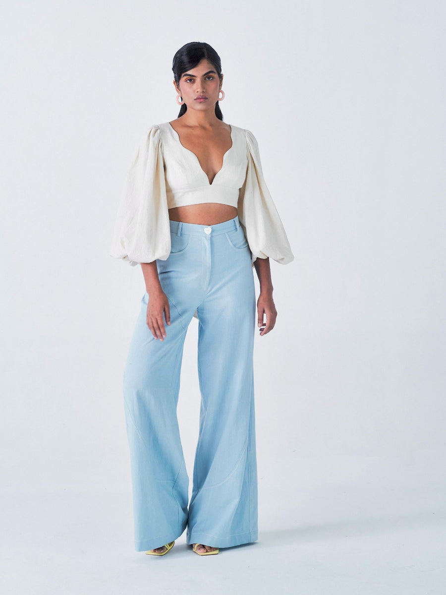 Releve Fashion Little Things Studio Khaskhas Denim Trousers in Sky Blue Sustainable Luxury Fashion Conscious Clothing Ethical Designer Brand Artisanal Handcrafted Purchase with Purpose Shop for Good