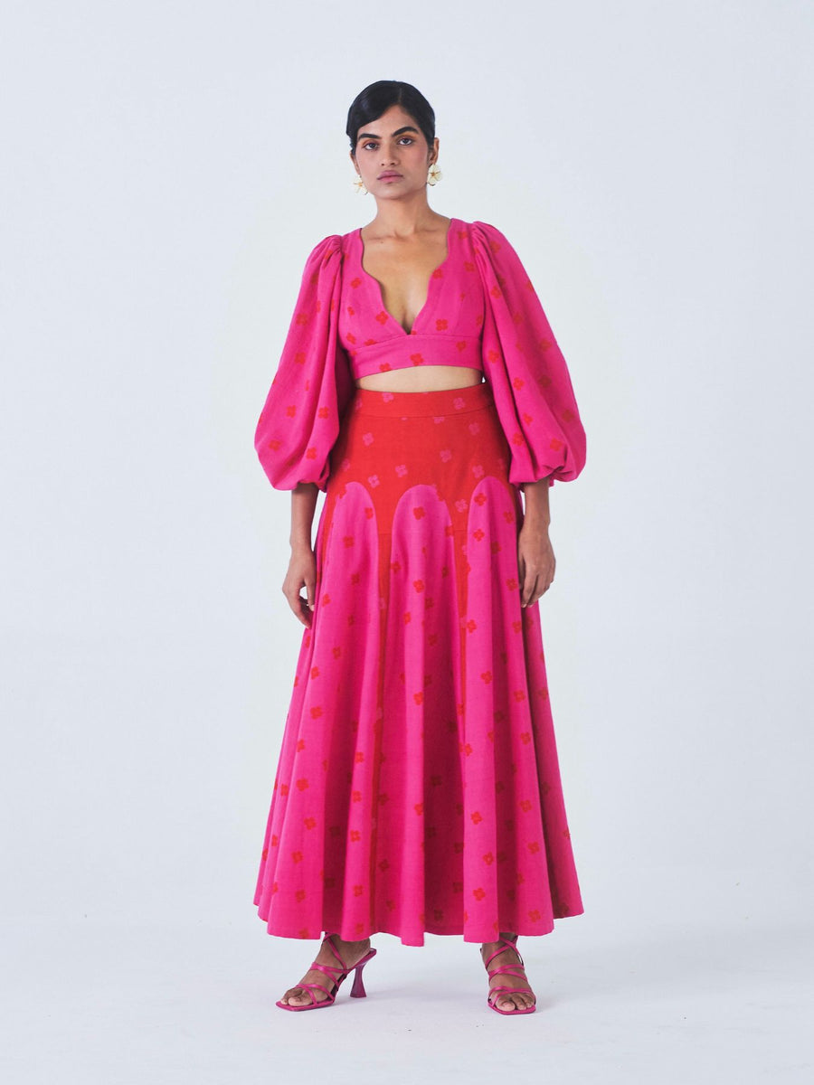 Releve Fashion Little Things Studio Kumudini Crop Top Flared Skirt Co-ord Set Hot Pink Sustainable Luxury Fashion Conscious Clothing Ethical Designer Brand Artisanal Handcrafted Purchase with Purpose Shop for Good