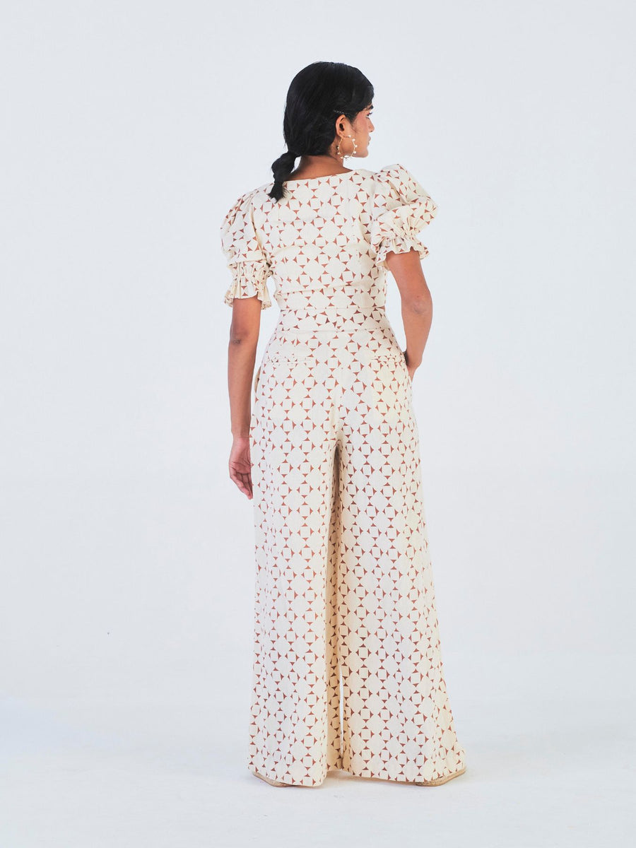 Releve Fashion Mogra Crop Top Wide Leg Trousers Set Off-White Geometric Print Sustainable Luxury Fashion Conscious Clothing Ethical Designer Brand Artisanal Handcrafted Purchase with Purpose Shop for Good