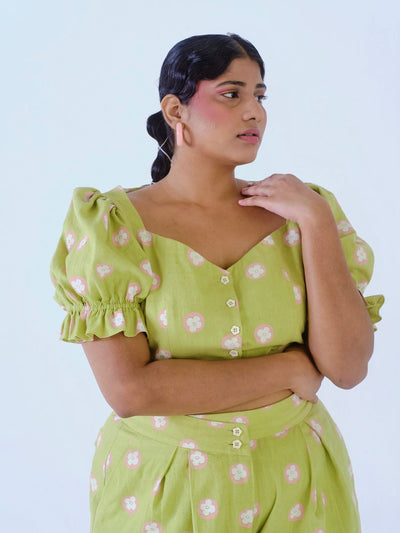 Releve Fashion Little Things Studio Mogra Crop Top and Trouser Co-ord Set Green Polka Dot and Floral Print Ethical Luxury Brand Sustainable Jewelry Conscious Fashion Purchase with Purpose Shop for Good