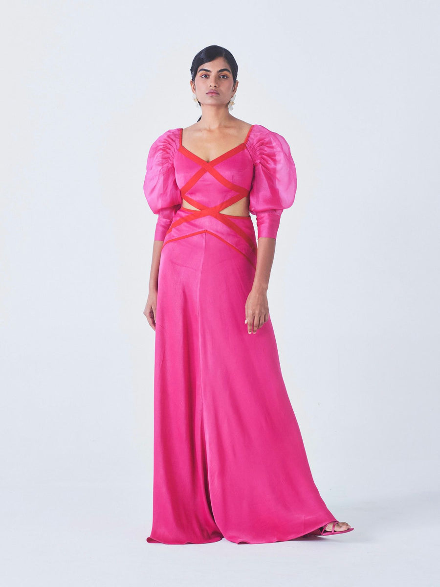Releve Fashion Nalini Cutout Dress Hot Pink Orange Fibre Fabric Sustainable Luxury Fashion Conscious Clothing Ethical Designer Brand Artisanal Handcrafted Purchase with Purpose Shop for Good
