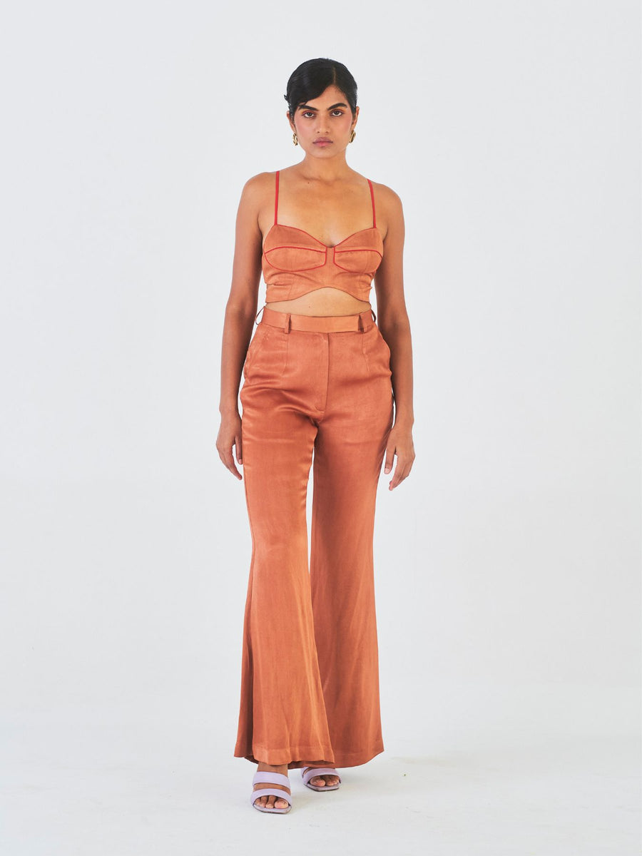 Releve Fashion Little Things Studio Molshri Orange Fibre Fabric Bra Top and Trouser Set in Brown Ethical Luxury Brand Sustainable Clothing Conscious Fashion Purchase with Purpose Shop for Good