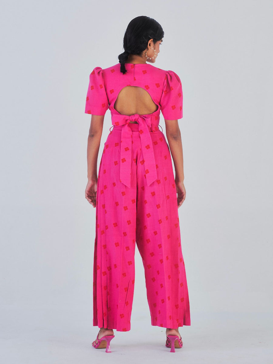Releve Fashion Little Things Studio Padma Crop Top and Wide Leg Trouser Set Hot Pink Sustainable Luxury Fashion Conscious Clothing Ethical Designer Brand Artisanal Handcrafted Purchase with Purpose Shop for Good