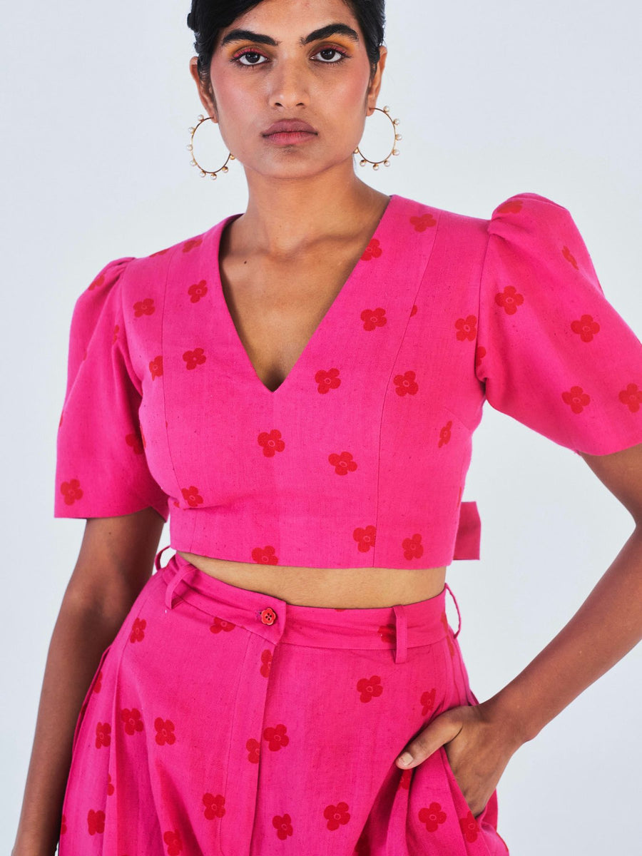 Releve Fashion Little Things Studio Padma Crop Top and Wide Leg Trouser Set Hot Pink Sustainable Luxury Fashion Conscious Clothing Ethical Designer Brand Artisanal Handcrafted Purchase with Purpose Shop for Good