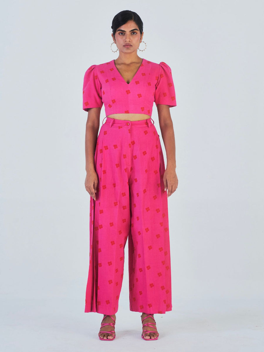 Releve Fashion Little Things Studio Padma Crop Top and Wide Leg Trouser Set Hot Pink Sustainable Luxury Fashion Conscious Clothing Ethical Designer Brand Artisanal Handcrafted Purchase with Purpose Shop for Good