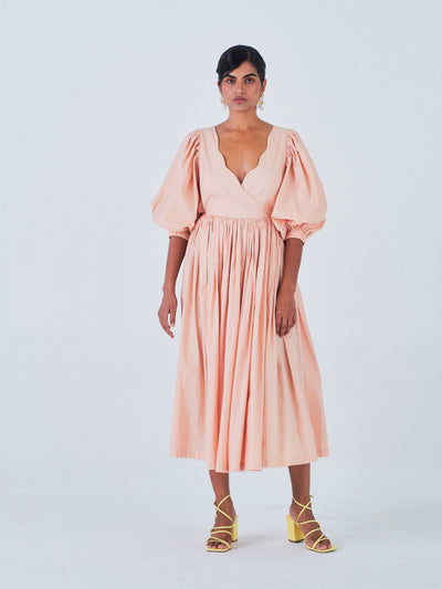 Releve Fashion Little Things Studio Pankhi Cotton Poplin Midi Dress in Peach Sustainable Luxury Fashion Conscious Clothing Ethical Designer Brand Artisanal Handcrafted Purchase with Purpose Shop for Good