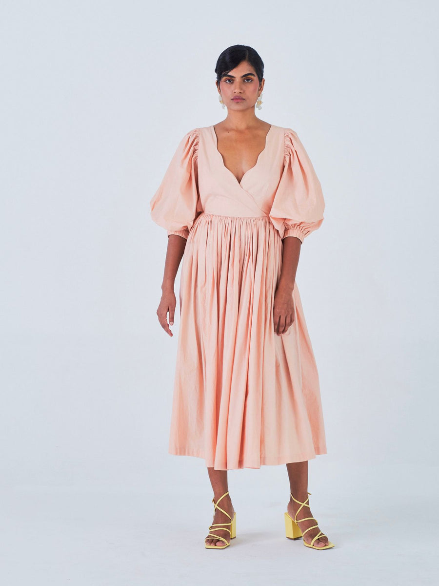 Releve Fashion Little Things Studio Pankhi Cotton Poplin Midi Dress in Peach Sustainable Luxury Fashion Conscious Clothing Ethical Designer Brand Artisanal Handcrafted Purchase with Purpose Shop for Good