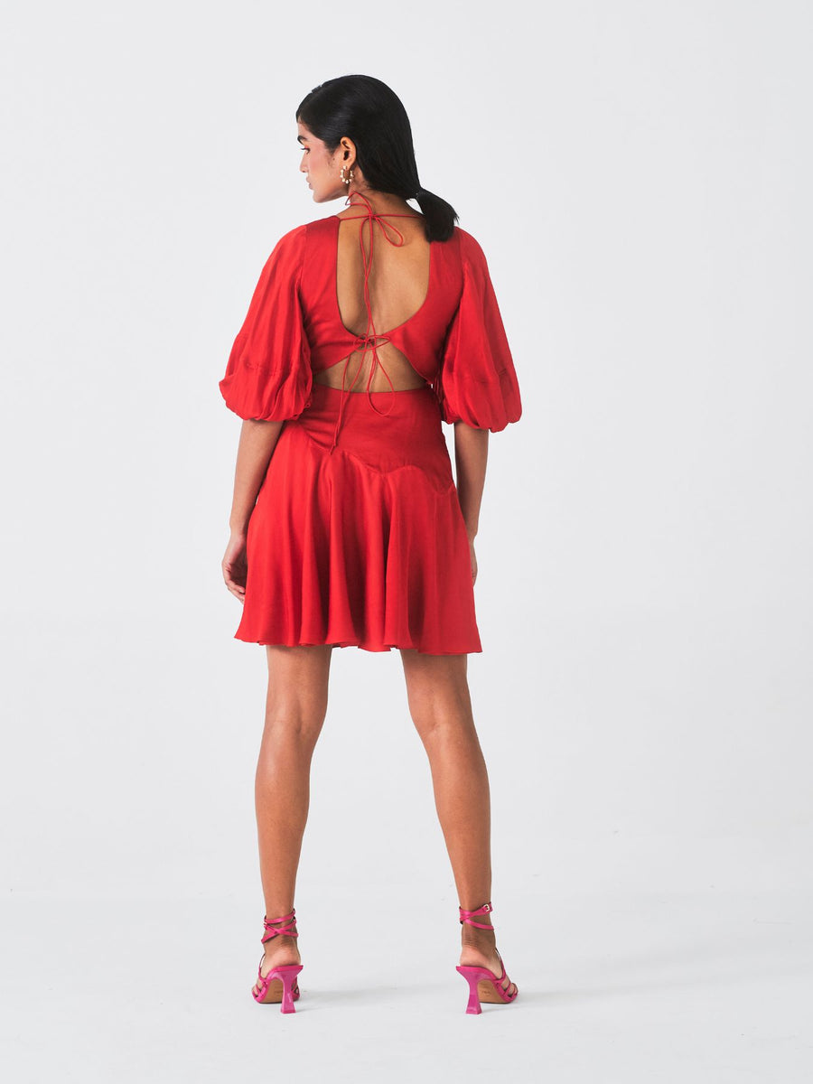 Releve Fashion Little Things Studio Parijaat Rose Fibre Fabric Dress in Bright Red Ethical Luxury Brand Sustainable Clothing Conscious Fashion Purchase with Purpose Shop for Good