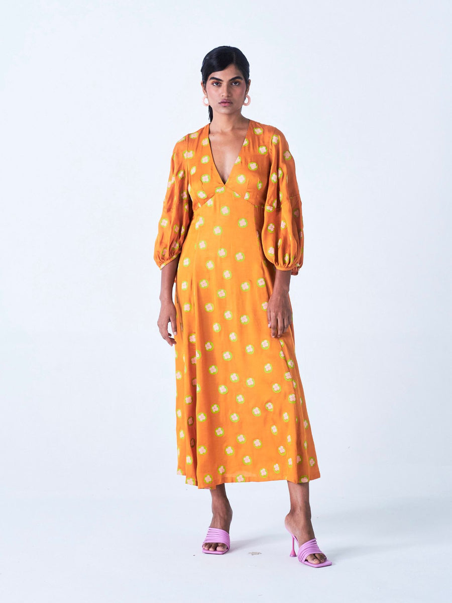 Releve Fashion Little Things Studio Saanj Rose Fibre Fabric Dress in Orange and Green Floral and Polka Dot Print Sustainable Luxury Fashion Conscious Clothing Ethical Designer Brand Artisanal Handcrafted Purchase with Purpose Shop for Good