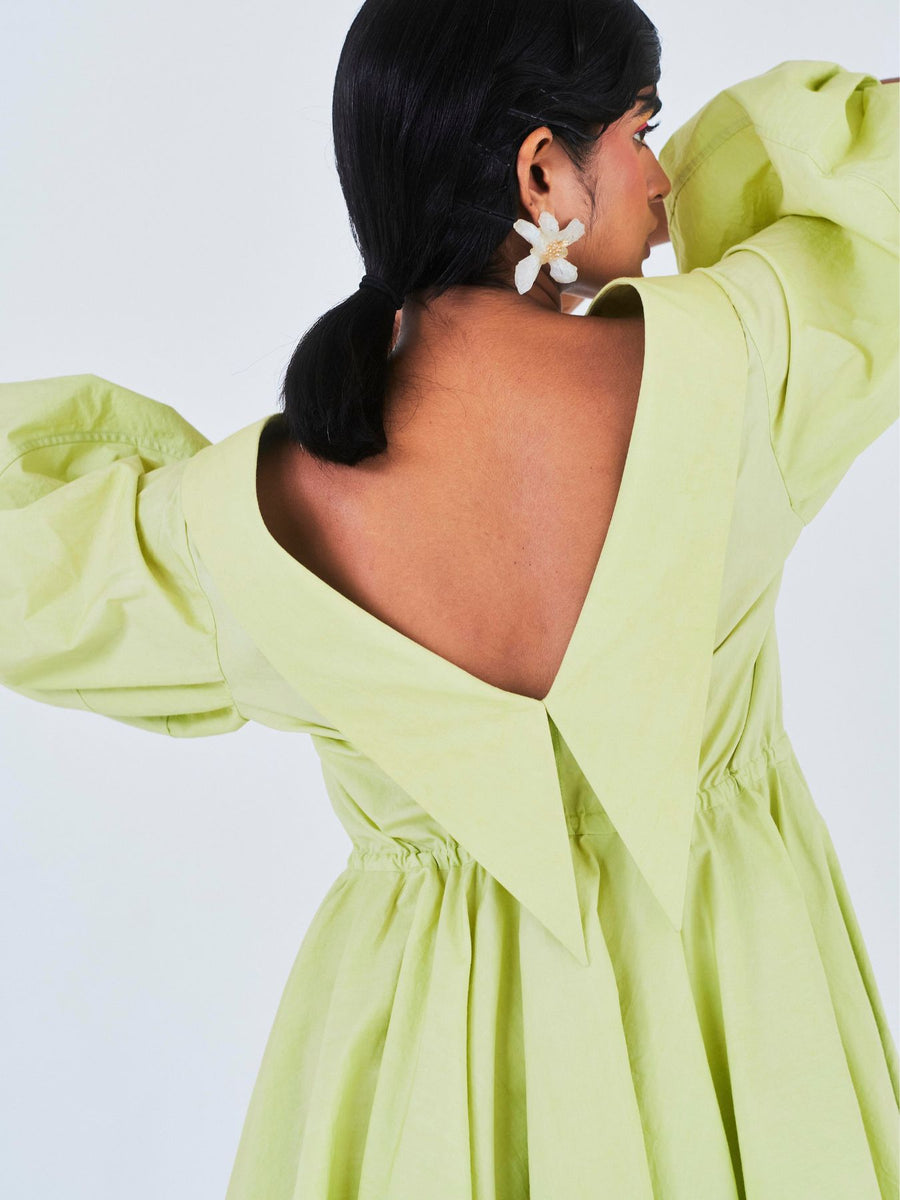 Releve Fashion Little Things Studio Sada Bahar Cotton Poplin Dress in Lime Green Sustainable Luxury Fashion Conscious Clothing Ethical Designer Brand Artisanal Handcrafted Purchase with Purpose Shop for Good