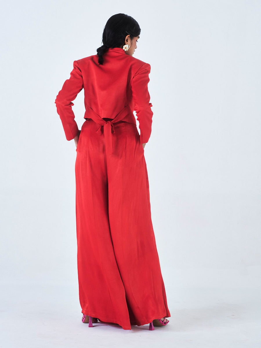 Releve Fashion Little Things Studio Tara Orange Fibre Fabric Trouser Suit in Red Sustainable Luxury Fashion Conscious Clothing Ethical Designer Brand Artisanal Handcrafted Purchase with Purpose Shop for Good