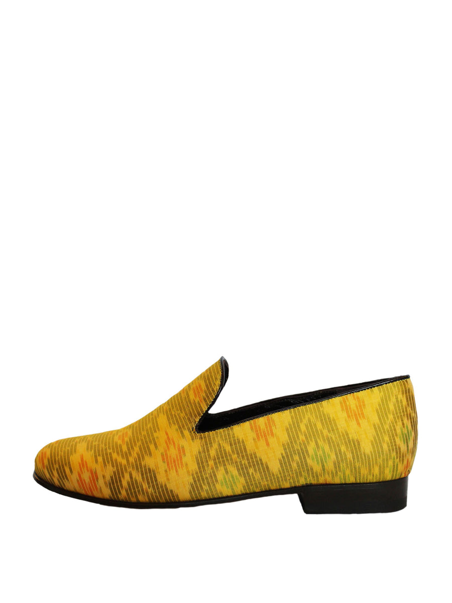 Releve Fashion Muzungu Sisters Cecilia Bringheli Yellow Ikat Printed Loafers Smoking Slippers Ethical Designers Sustainable Fashion Brand Handmade Artisanal Positive Fashion Purchase with Purpose Shop for Good