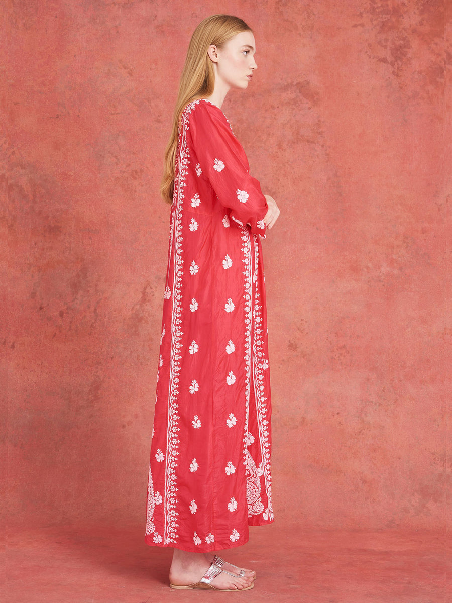 Releve Fashion Muzungu Sisters Pink Embroidered Silk Dress Ethical Designers Sustainable Fashion Brand Handmade Artisanal Positive Fashion Conscious Luxury Purchase with Purpose Shop for Good
