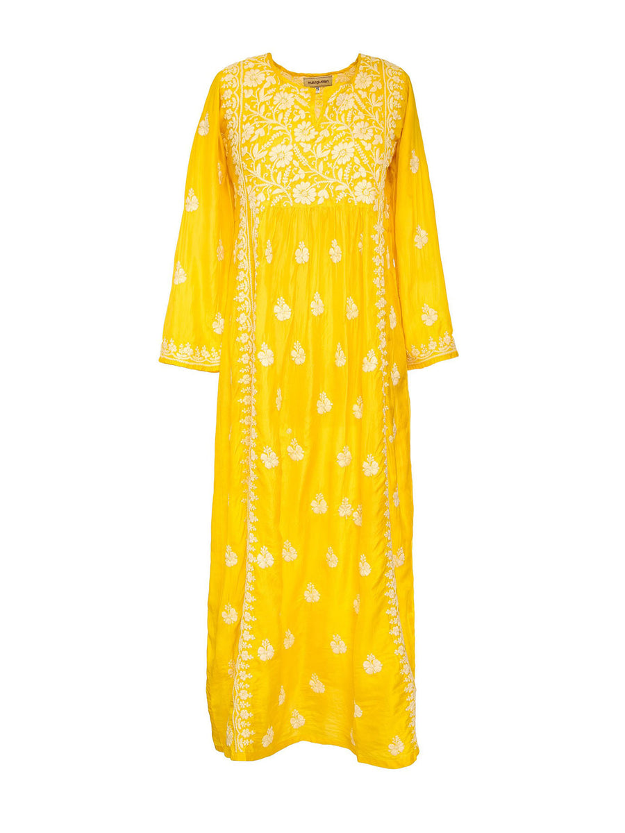 Releve Fashion Muzungu Sisters Yellow Embroidered Silk Dress Ethical Designers Sustainable Fashion Brand Handmade Artisanal Positive Fashion Purchase with Purpose Shop for Good