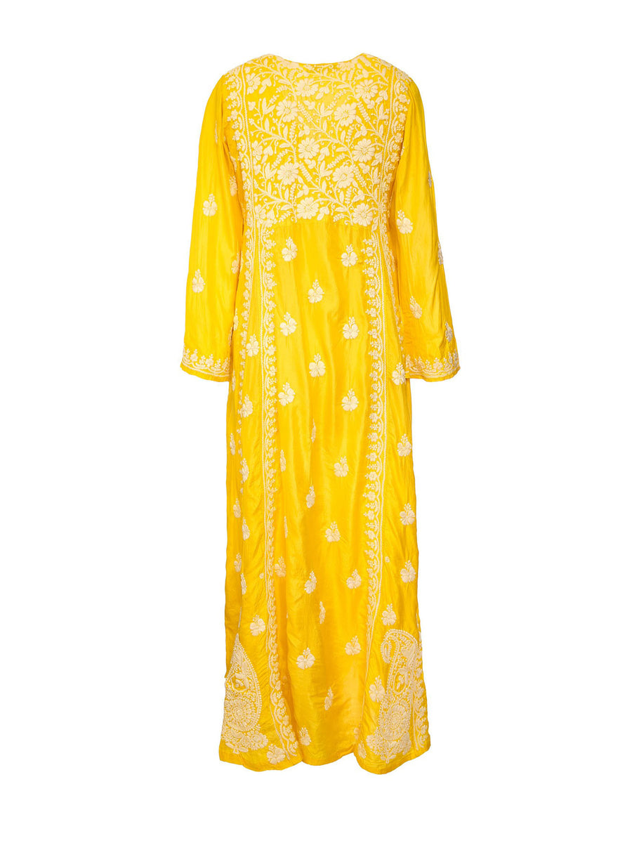 Releve Fashion Muzungu Sisters Yellow Embroidered Silk Dress Ethical Designers Sustainable Fashion Brand Handmade Artisanal Positive Fashion Purchase with Purpose Shop for Good