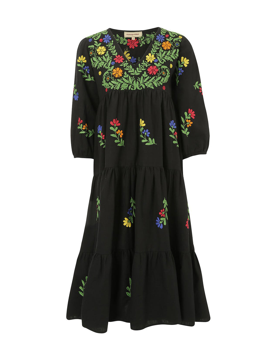 Releve Fashion Muzungu Sisters Black Frangipani Organic Cotton Hand-Embroidered Dress Ethical Designers Sustainable Fashion Brand Handmade Artisanal Positive Fashion Conscious Luxury Purchase with Purpose Shop for Good