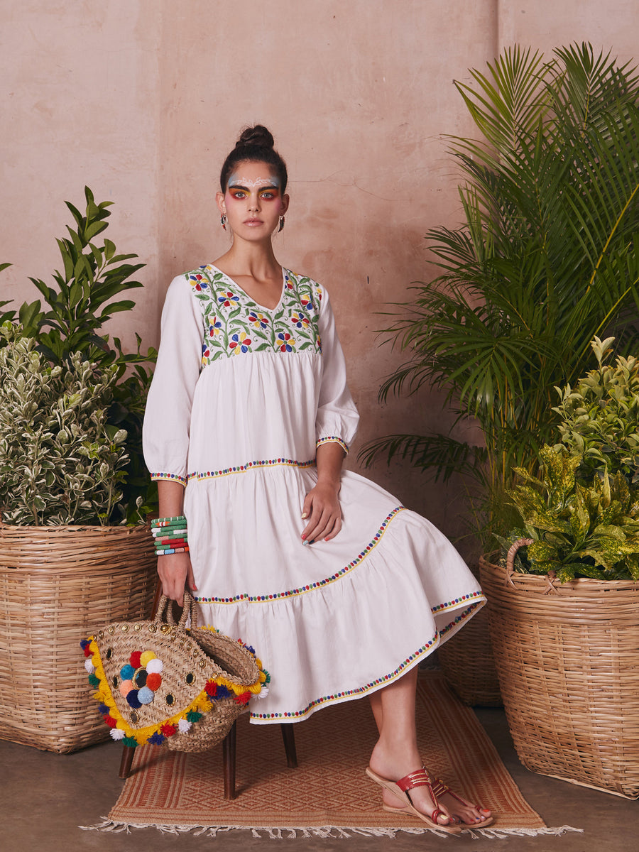 Releve Fashion Muzungu Sisters White Frangipani Organic Cotton Hand-Embroidered Dress Ethical Designers Sustainable Fashion Brand Handmade Artisanal Positive Fashion Conscious Luxury Purchase with Purpose Shop for Good