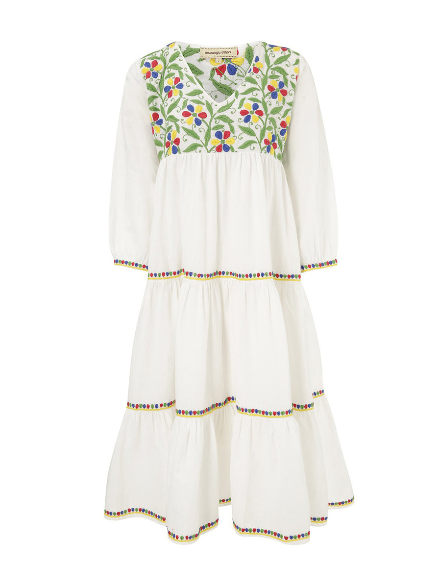 Releve Fashion Muzungu Sisters White Frangipani Organic Cotton Hand-Embroidered Dress Ethical Designers Sustainable Fashion Brand Handmade Artisanal Positive Fashion Conscious Luxury Purchase with Purpose Shop for Good
