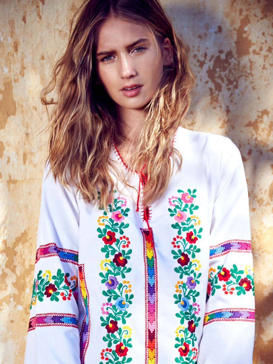 Releve Fashion Muzungu Sisters White Jasmine Dress Multicolour Vine Embroidered Ethical Designers Sustainable Fashion Brand Handmade Artisanal Positive Fashion Purchase with Purpose Shop for Good