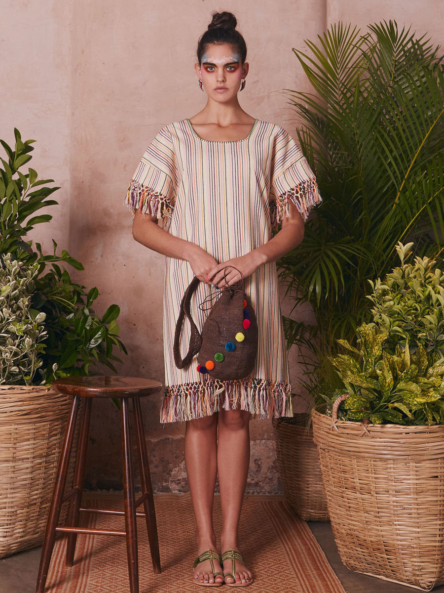 Releve Fashion Muzungu Sisters Peyote Rainbow Striped Cotton Dress Ethical Designers Sustainable Fashion Brand Handmade Artisanal Positive Fashion Purchase with Purpose Shop for Good