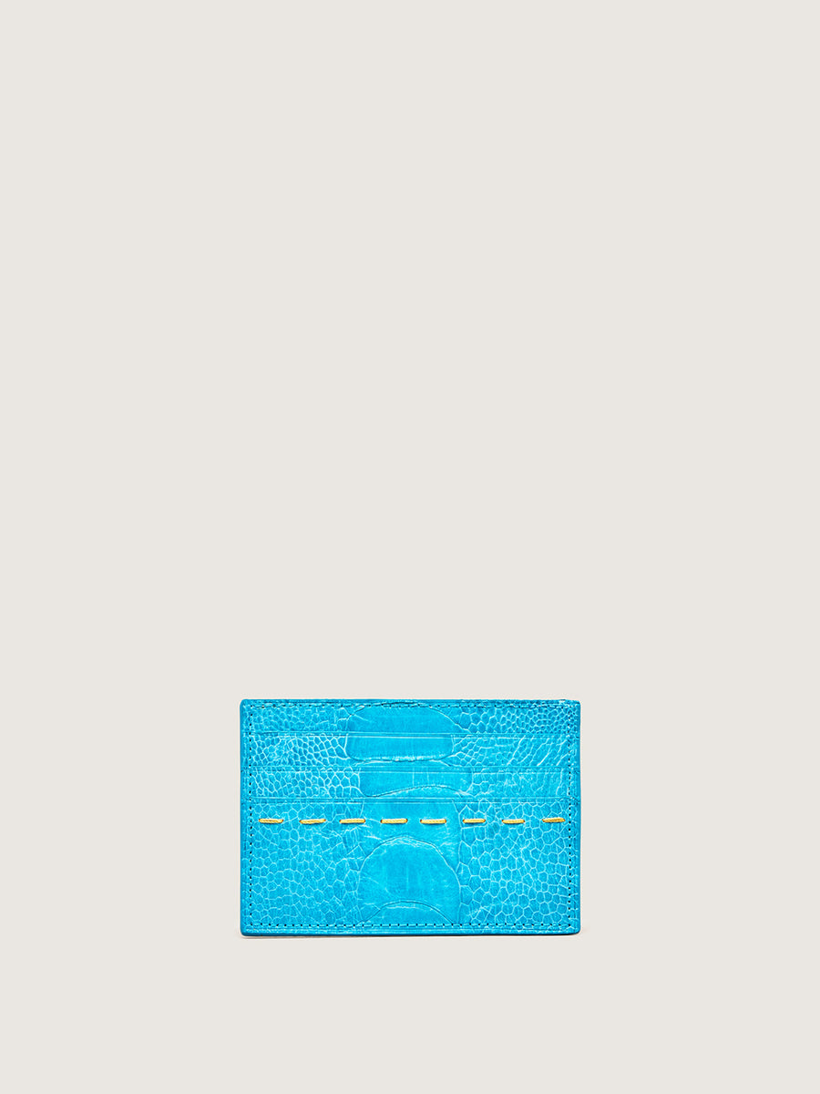 Releve Fashion Okapi Card Holder Crystal Blue Ostrich Shin Sustainable Ethical Fashion Brand Positive Luxury Positive Fashion Purchase with Purpose Shop for Good