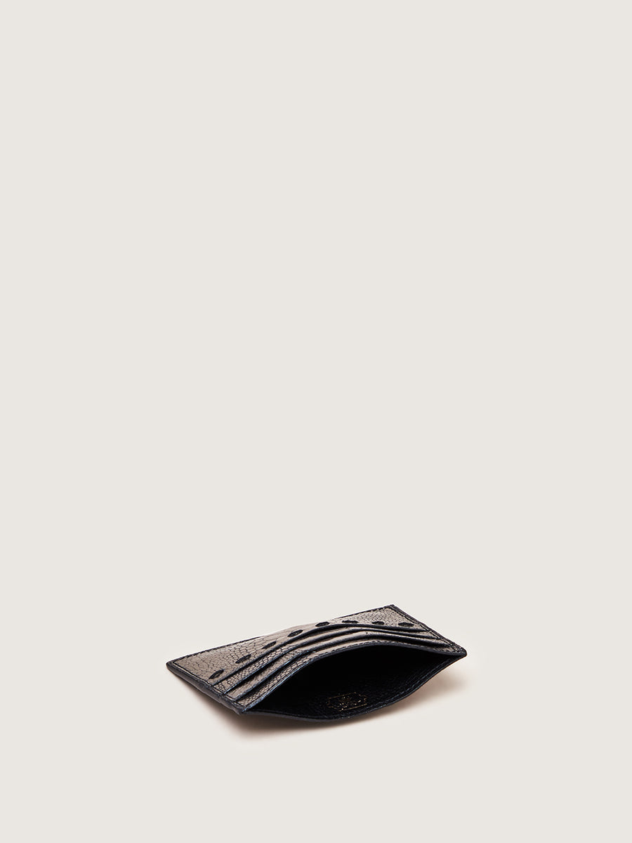 Releve Fashion Okapi Card Holder Gunmetal Ostrich Shin Sustainable Ethical Fashion Brand Positive Luxury Positive Fashion Purchase with Purpose Shop for Good